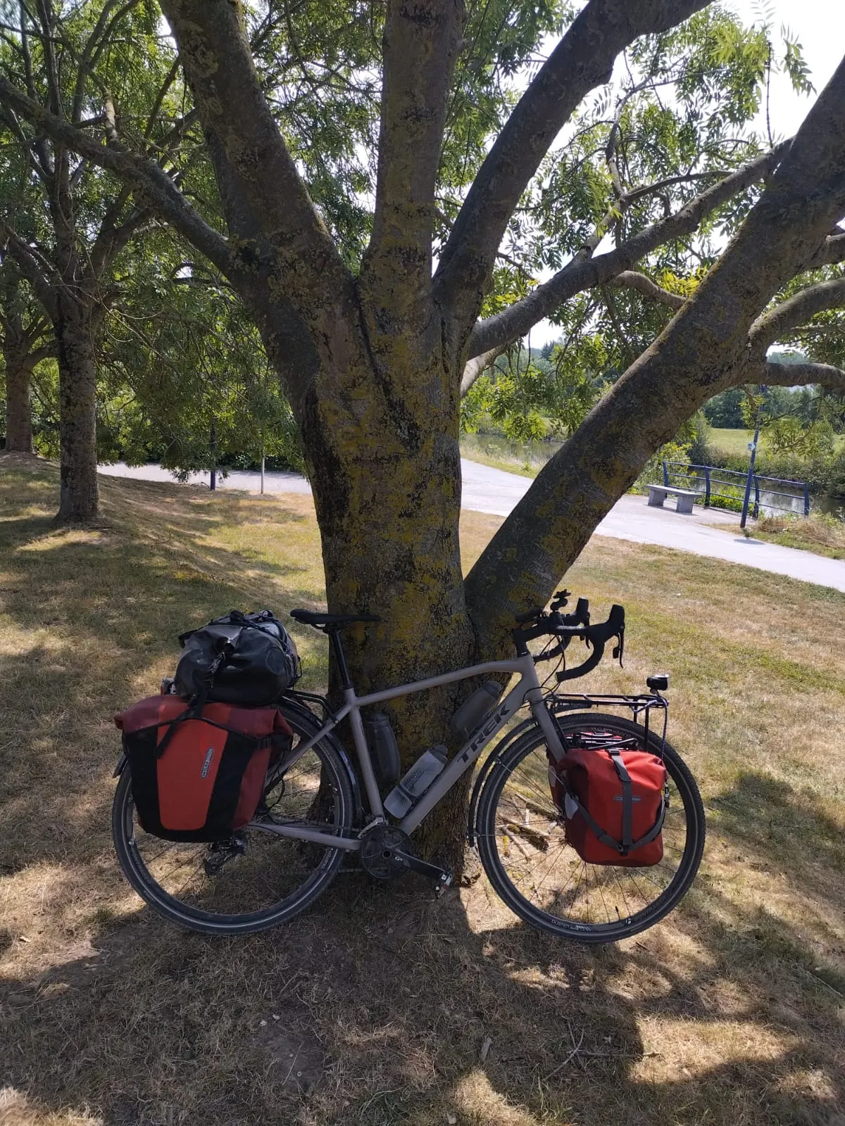 Le vélo chargé posé à l’ombre d’un arbre